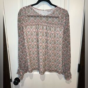 LOFT Peach and Olive Floral-Pattern Long-Sleeve Blouse